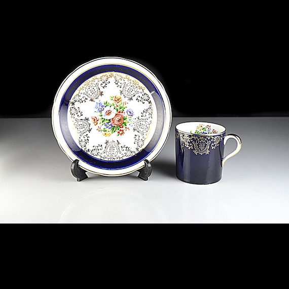 Vintage English Bone China Demitasse Cup and Saucer Cobalt Blue Gold Gilt Floral