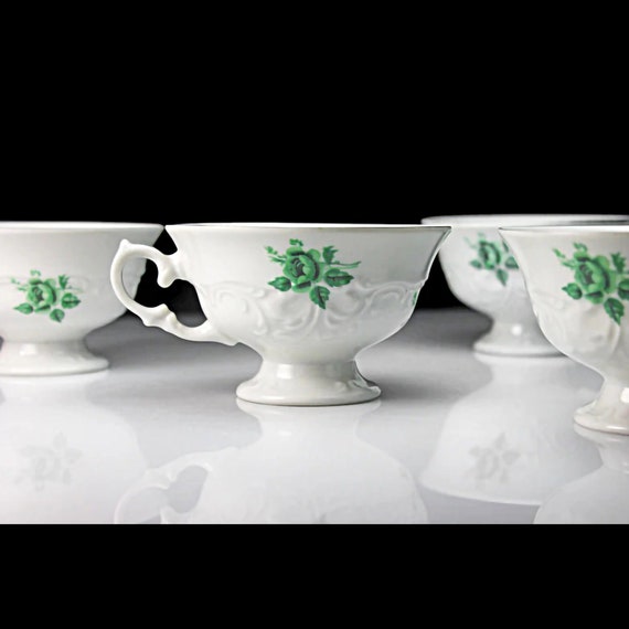 Footed Teacups, Walbrzych China, Made in Poland, Green Rose, White China, Embossed, Gold Trim, Set of 4, No Saucers