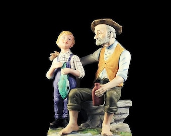 Flambro Figurine, Old Man And Boy, Statue, Fine Porcelain, Hand Painted, Collectible