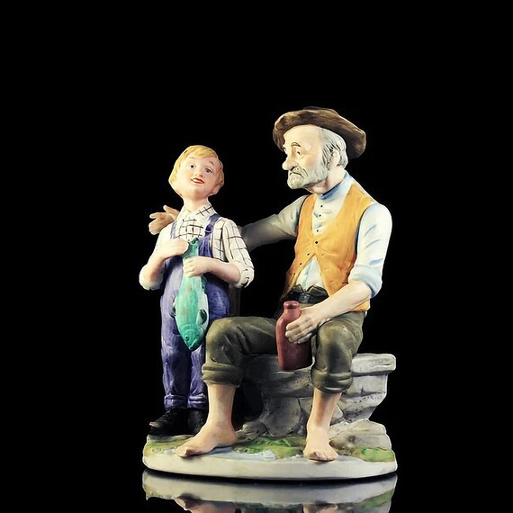 Flambro Figurine, Old Man And Boy, Statue, Fine Porcelain, Hand Painted, Collectible