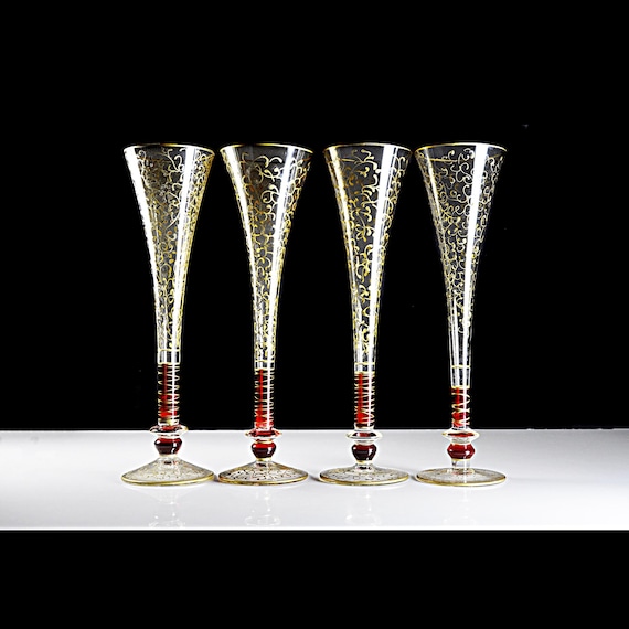Pier 1 Rioja Champagne Flutes – Set of 4 - Hand blown with Hand-Painted Gold Scrolls, Red Glass Stems, Elegant Stemware, 10 Inches Tall