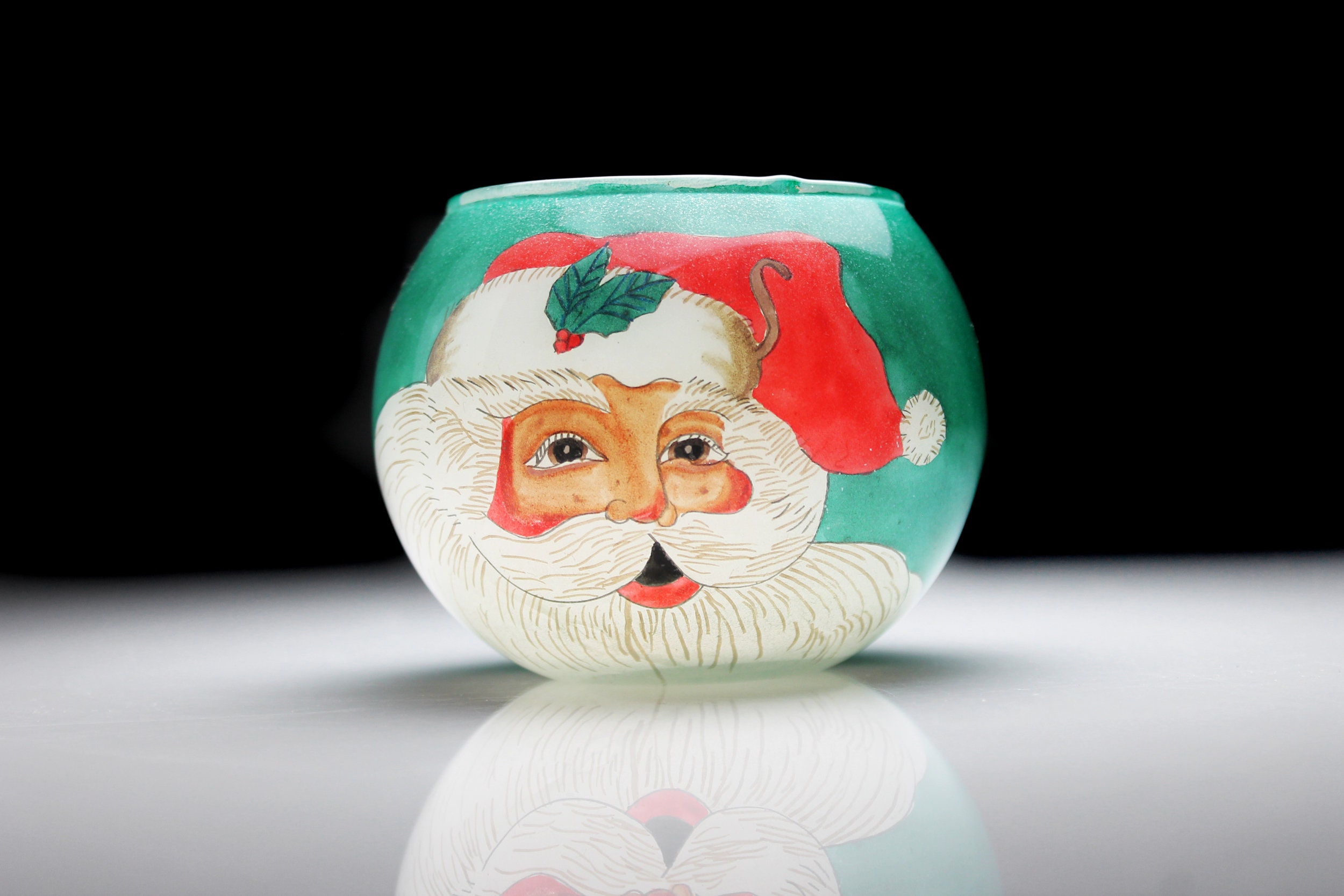 Santa Globe Candle Holder, Reverse Painted, Glass, Tea Candle Included