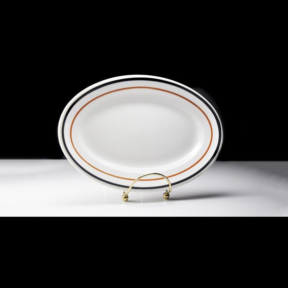 Jackson China Relish Platter – 1923–1946 Restaurant Grade – Orange & Black Stripe – 9 Inch Oval Serving Dish – Vitrified China Made in USA