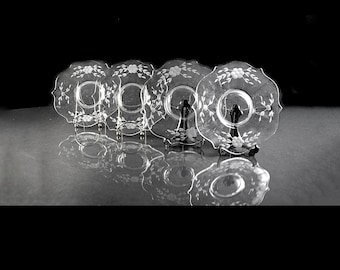Vintage Standard Glass Plates, Set of 4, 1930s Wheel Cut Floral Clear Glass