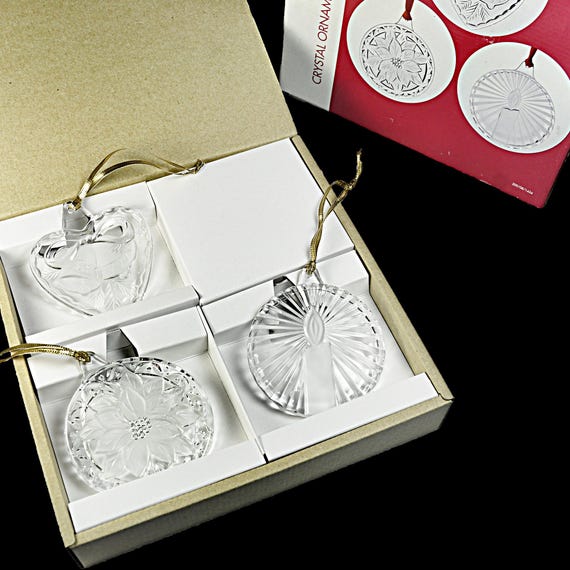 Mikasa Holiday Classics Crystal Christmas Ornaments – Set of 3 with Box – Poinsettia, Candle, Bells – Never Used