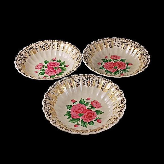 Dessert Bowls, Fruit Bowls, Sebring Pottery, China Bouquet, Pink Roses, Gold Filigree Trim, Set of 3