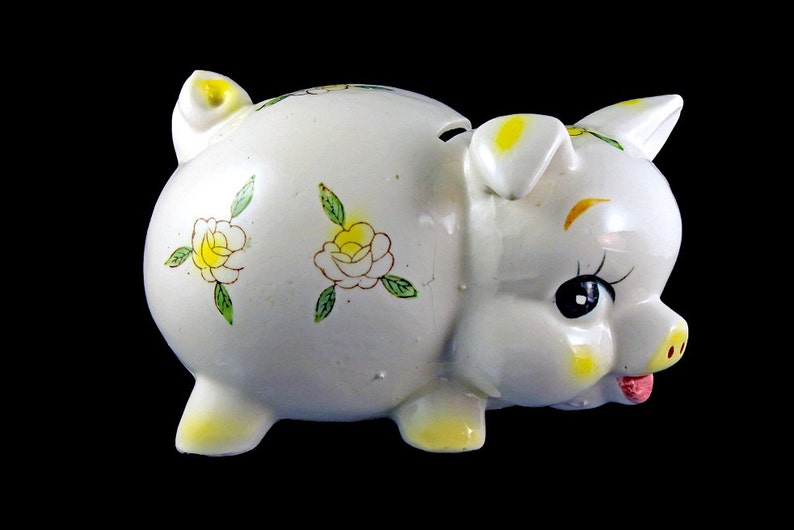 Ceramic Piggy Bank Coin Bank Ivory Color Yellow Floral Etsy