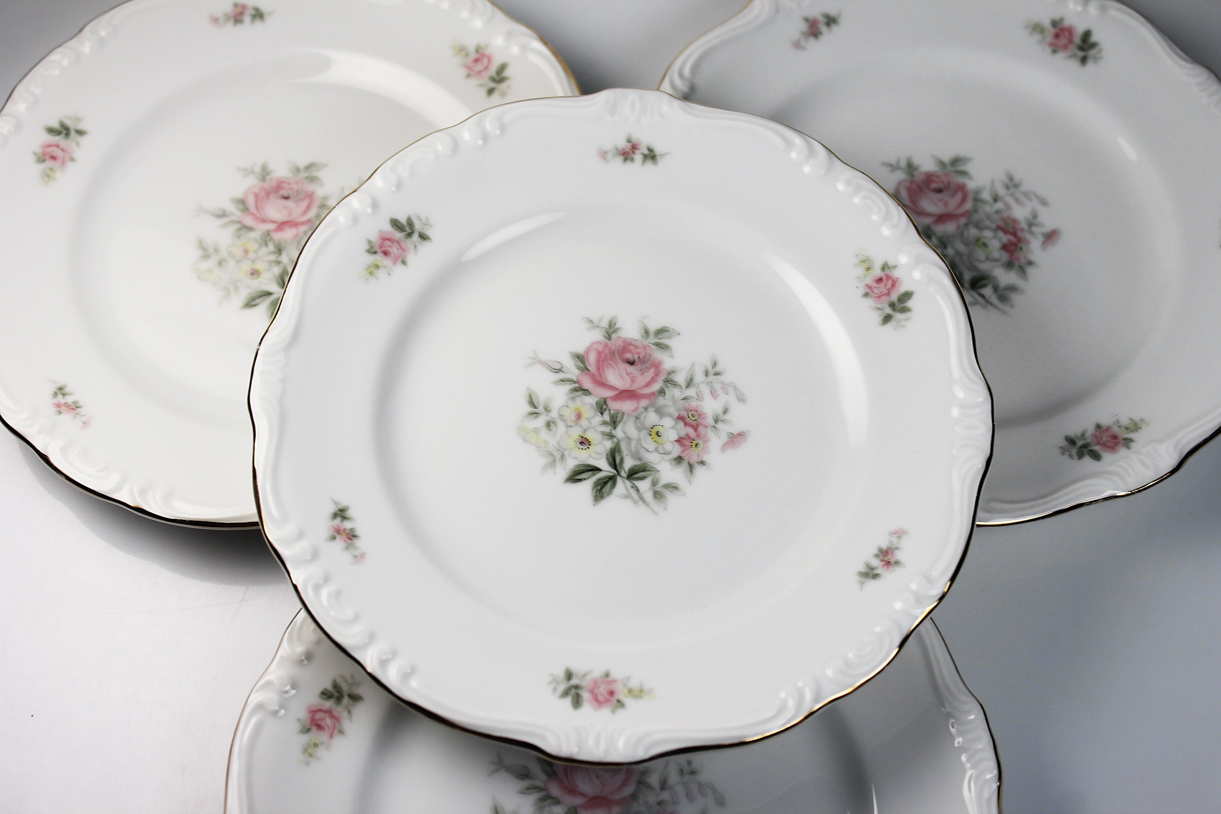 Bread and Butter Plates, Crest Wood, Rose, Pink Floral, Set of 4
