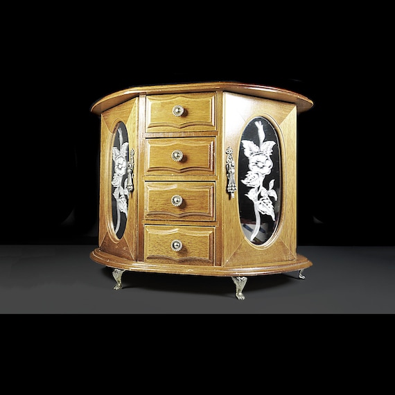 Vintage Wooden Jewelry Box with Etched Glass, Rotating Necklace Carousels and 4 Drawers – Excellent Condition