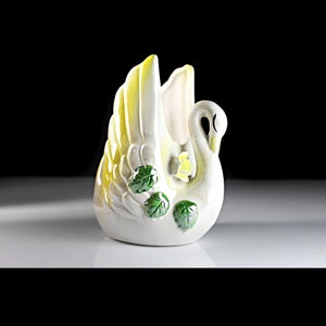 Swan Planter, Yellow Trim, Raised Flowers, Bird, Figurine, Porcelain, Collectible, Decor