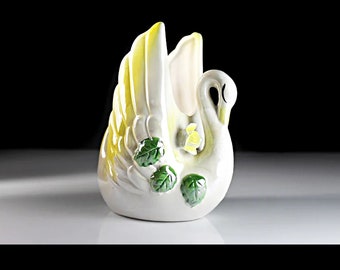 Swan Planter, Yellow Trim, Raised Flowers, Bird, Figurine, Porcelain, Collectible, Decor