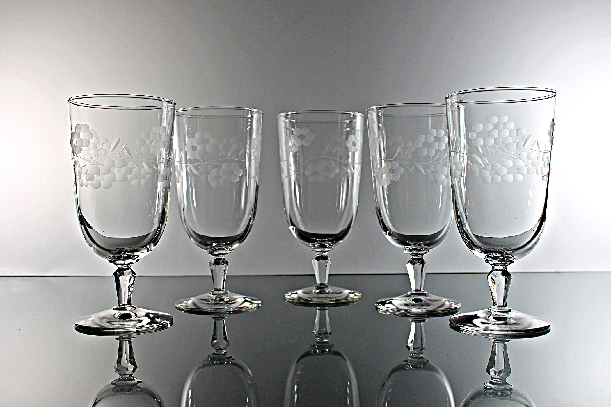 Libbey Etched Ice Tea Glasses, Glenmore, Grey Cut Floral Design, Set of
