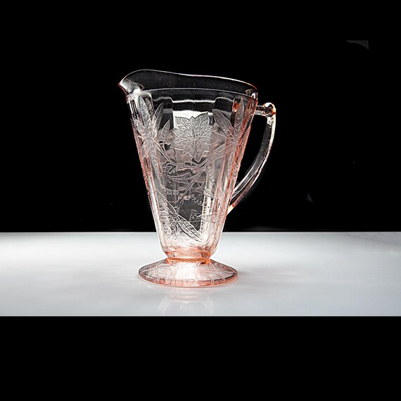 Jeannette Glass Pink Depression Pitcher – Floral (Poinsettia) Pattern - Footed and Etched - 1930s Glassware - 32 Ounce