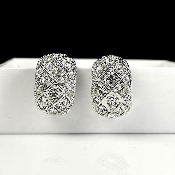 Vintage Rhinestone Clip On Earrings, Silver Tone