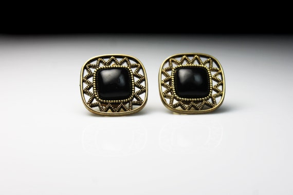 Square Clip-On Earrings, Onyx Bead, Gold Tone, Co… - image 4