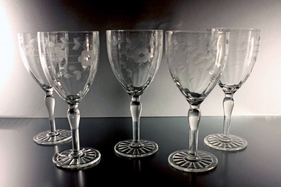 Crystal Etched Water Goblets, Wine Glasses, Cut Crystal, Set of 5