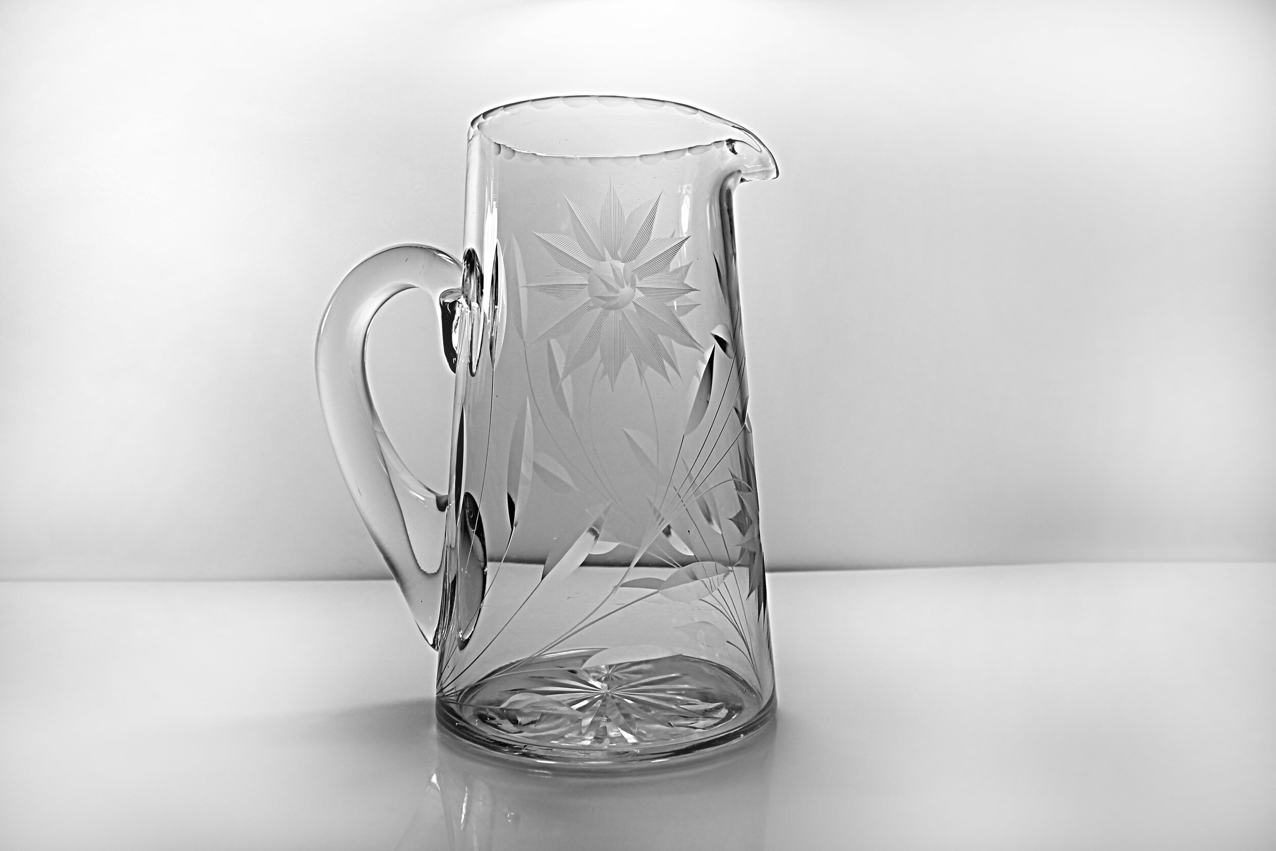 American Brilliant Crystal Pitcher, Antique Glass, Wheel Cut Floral, 64
