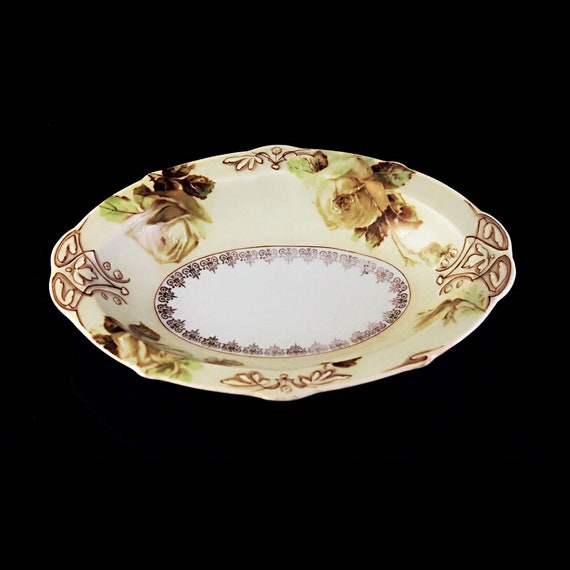 Antique Oval Relish Dish, Hermann Ohme, Old Ivory XVI, Silesia, Germany, Clairon Shape, Rose Pattern, Brown Scrolls, Fine China, Gold Trim