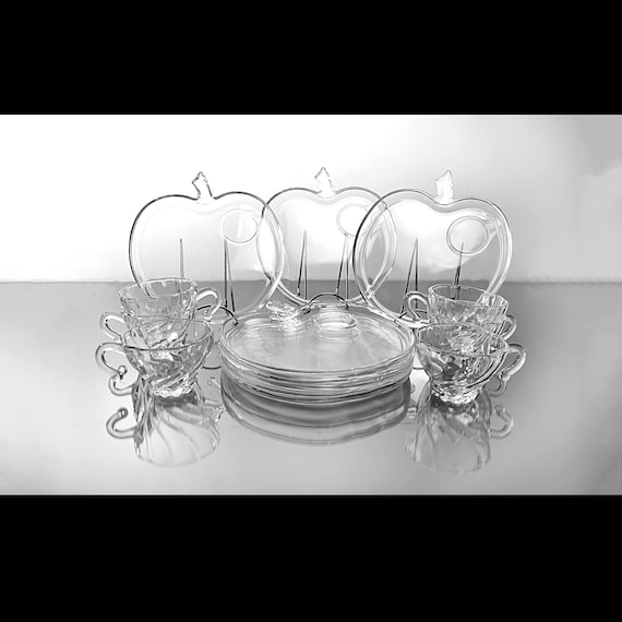 Hazel Atlas Orchard Apple Glass Snack Set, 6 Luncheon Plates with Parti-Ade Cups