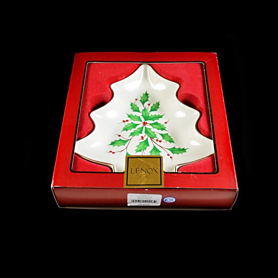 Tree Shaped Candy Dish, Lenox Holiday, New In Box, Holly, Gold Trimmed, Christmas Holiday Gift