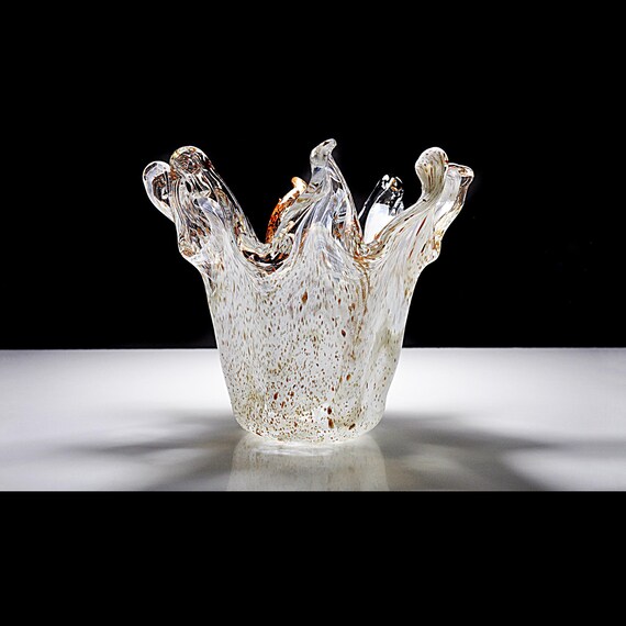 Murano Art Glass Bowl with Gold Flecks – Mid-Century Italian Decorative Glass, White and Clear with Gold Glitter Accents, Crown Rim