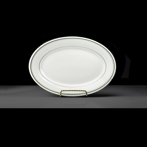 Homer Laughlin Best China Platter - 11 Inch Oval Serving Dish - Green Bands, Restaurant Grade - Made in USA, 1961