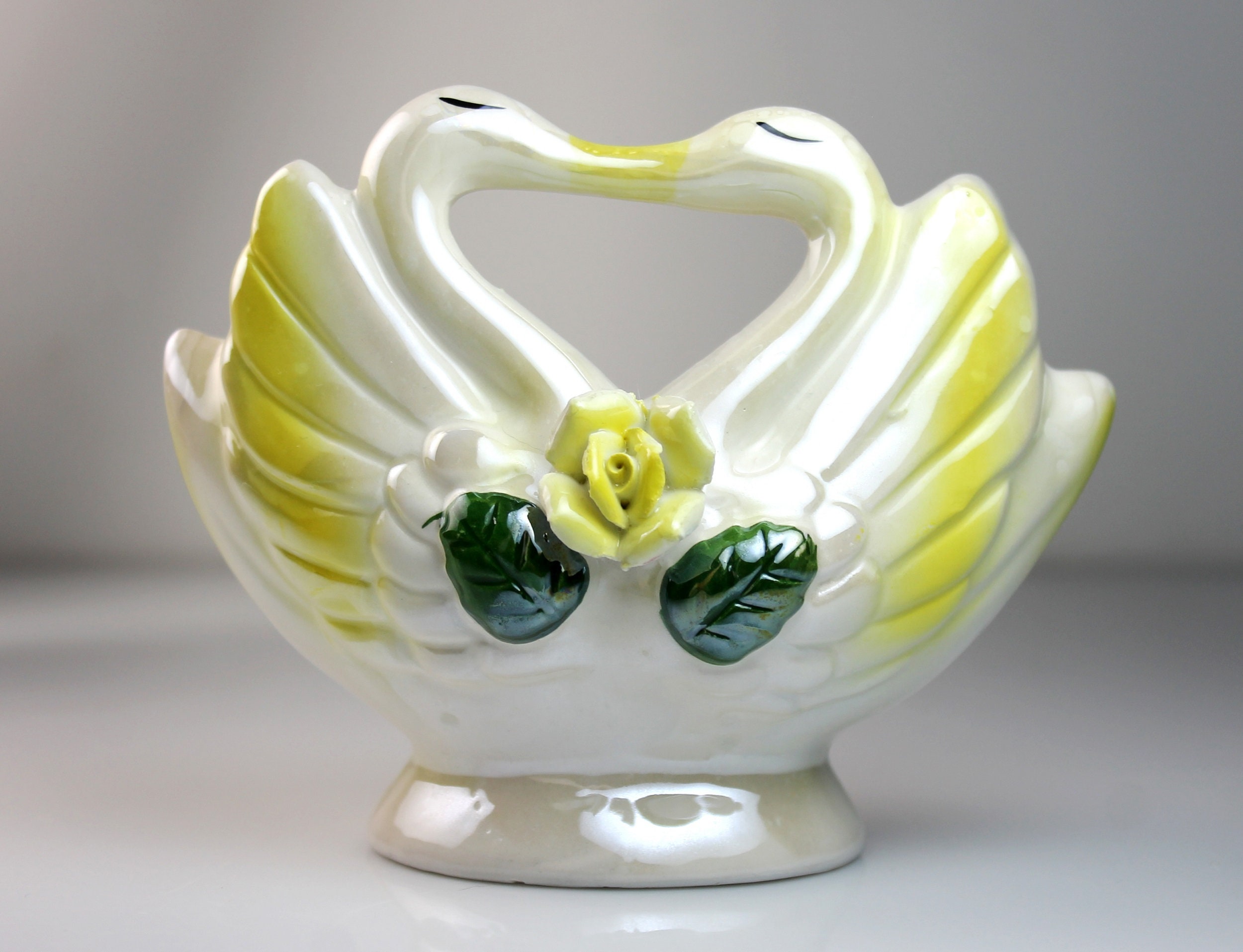 Kissing Swan Planter, Yellow Lusterware, Raised Rose, Double Swans