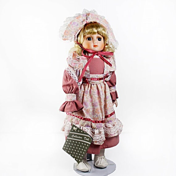Porcelain Display Doll, Montgomery Ward, 16-inch Doll, Stand Included, Original Tag