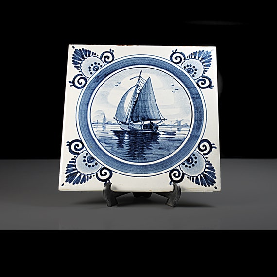 Blue Delft Tile, Square, Sailboat, 6 Inch, Hand Painted, Decorative Tile