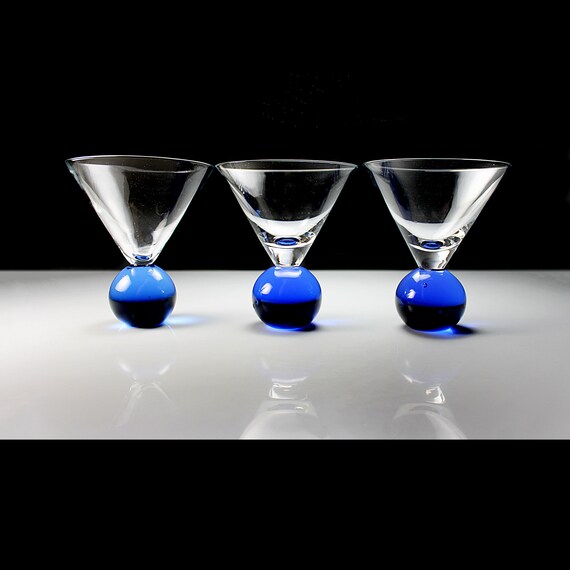 Ball Foot Martini Glasses, Cocktail, Stemless, Cobalt Blue, Set of 3, Glassware, Barware, 8 Ounce