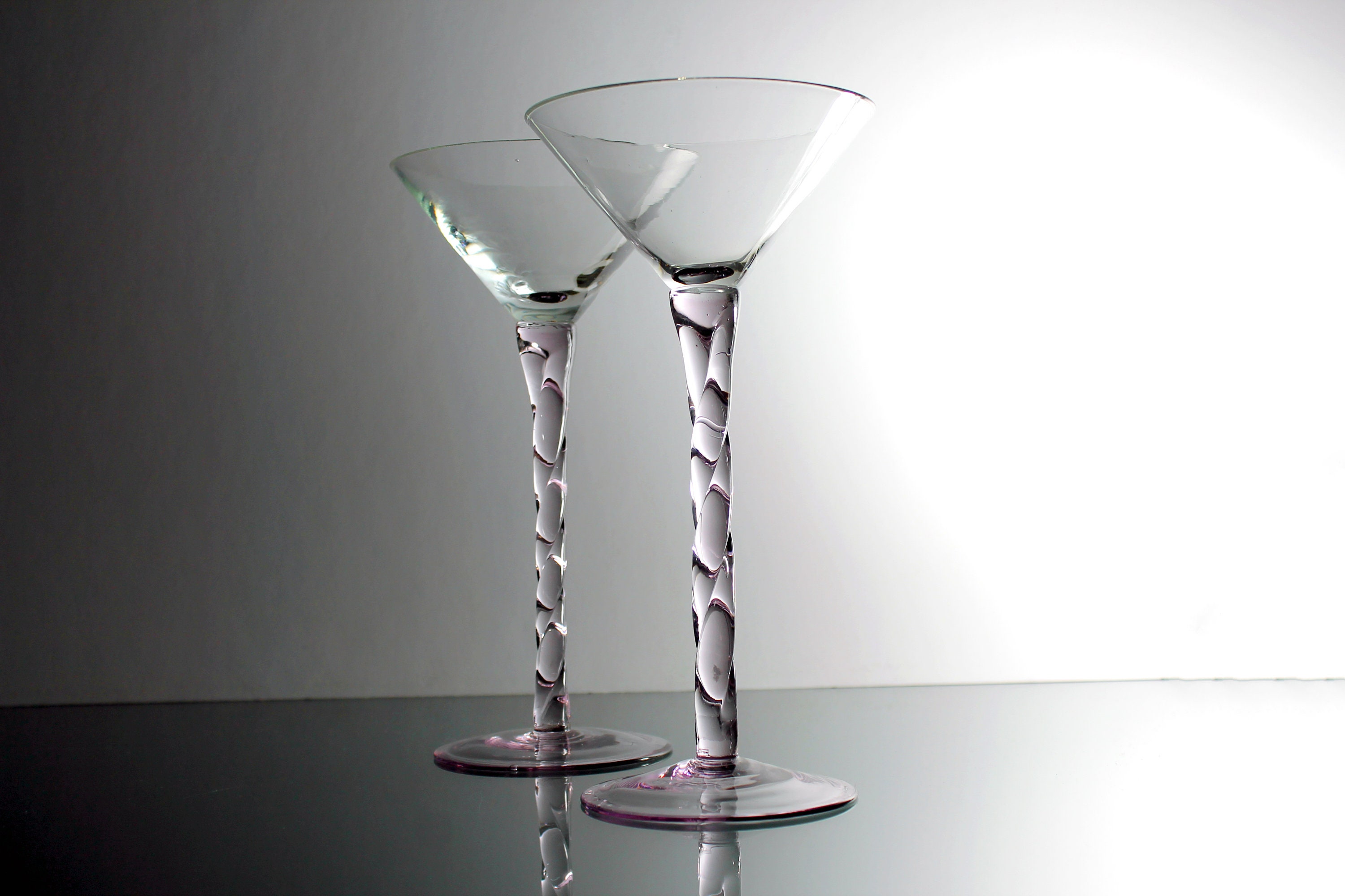 Tall Martini Glasses, Pink Twisted Stem, Set of 2, Handblown, Barware