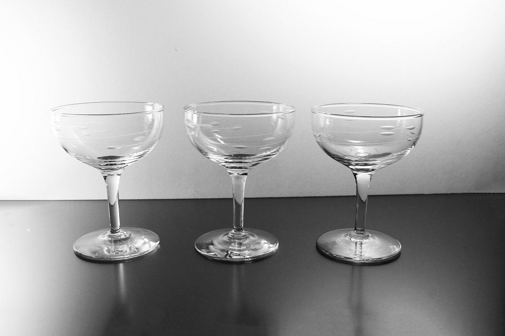 Etched Coupe Champagne Glasses, Spiral Vine Pattern, Sherbet Glasses