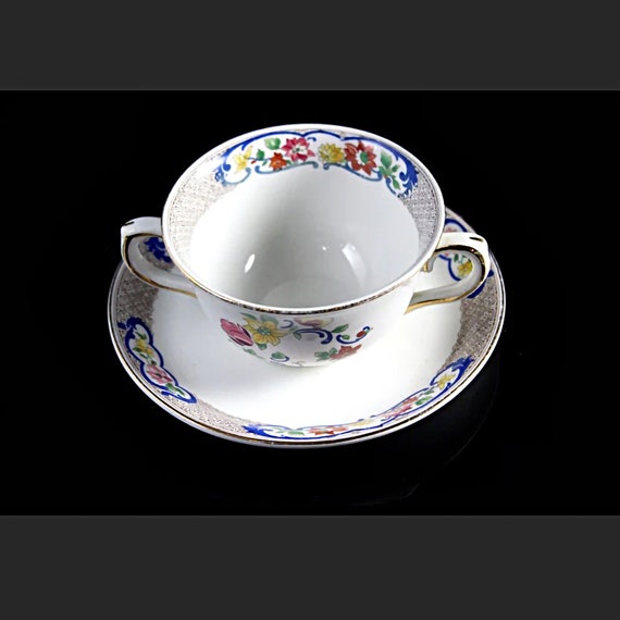 Bouillon Cup and Saucer, John Maddock & Sons, Royal Vitreous, Multi-floral