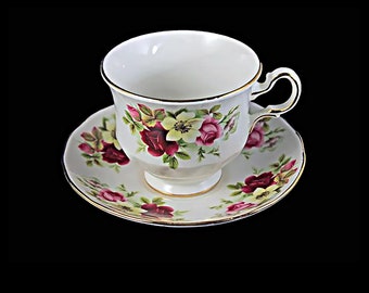Footed Teacup and Saucer, Queen Anne, Bone China, Multi-Floral, Gold Trim, Made in England, Pattern #8501