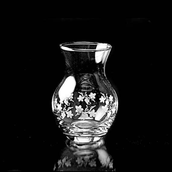 Vintage Clear Glass Bud Vase with White Enamel Grapevine Design