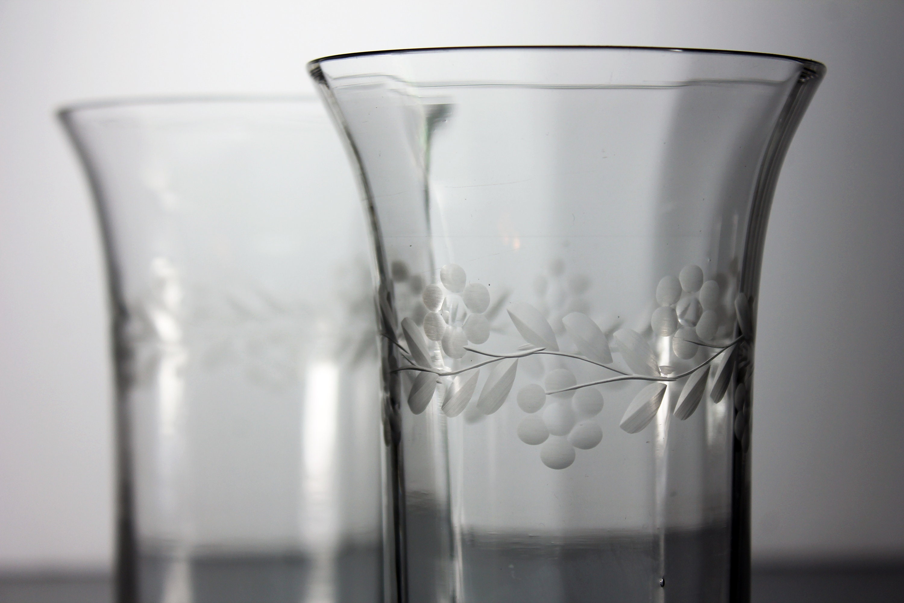 Etched Glass Tumblers, Paneled Optic, Drinking Glasses, Floral Pattern