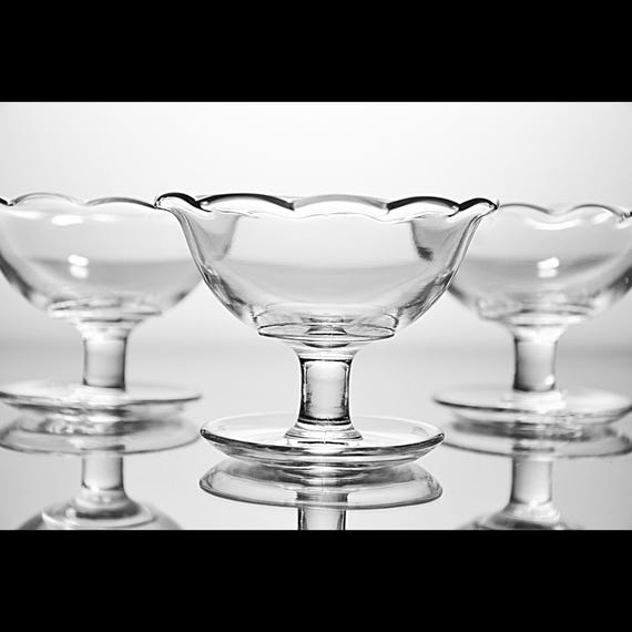 Uranium Glass Dessert Bowls – Scalloped Edge & Applied Foot – Glow Under Blacklight – 1930s Depression Era - Set of 3
