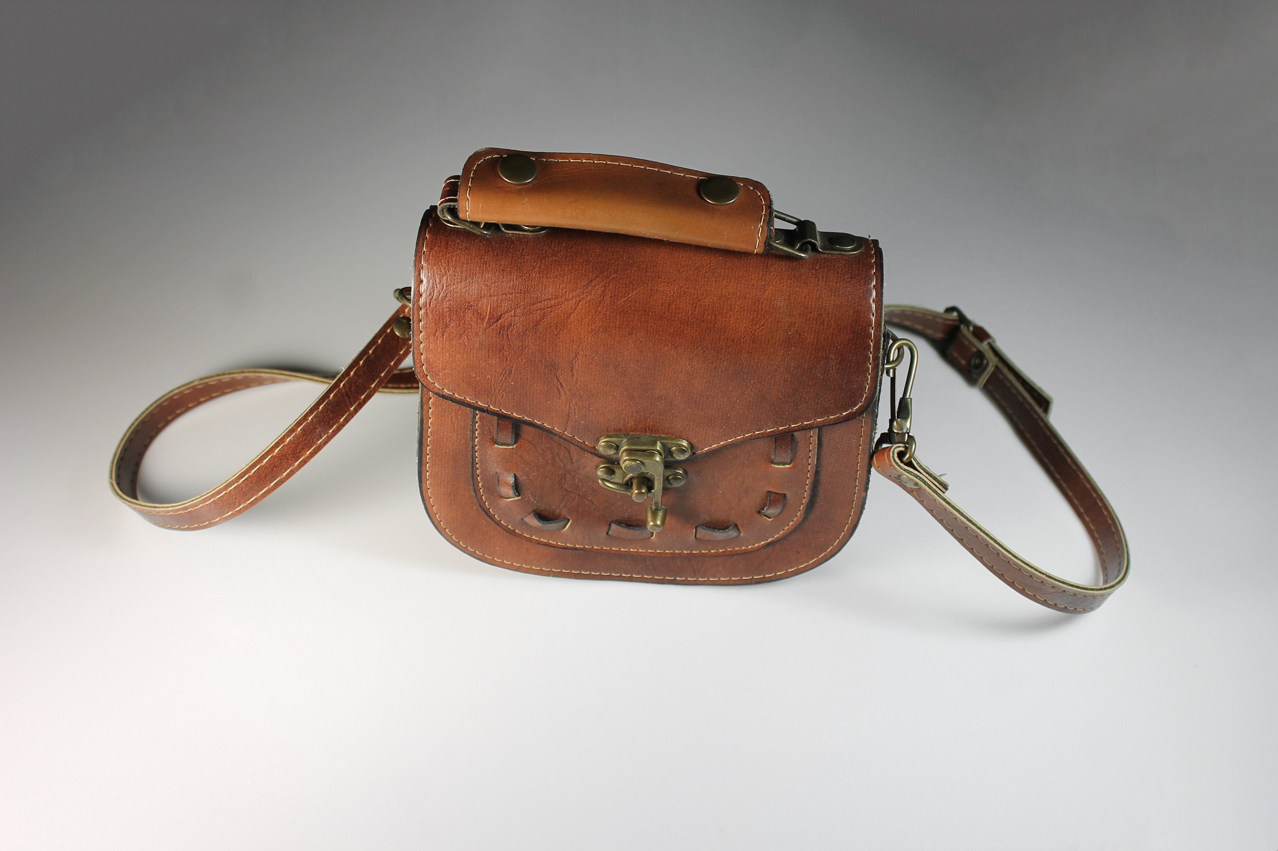 Brown Leather Saddle Bag, Shoulder Bag, Top Handle, Brass Hardware