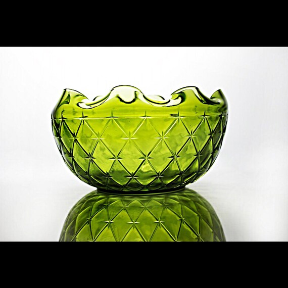 Indiana Glass Rose Bowl, Duette Olive, Quilted, Green Glass, Crimped Edge, 8 Inch