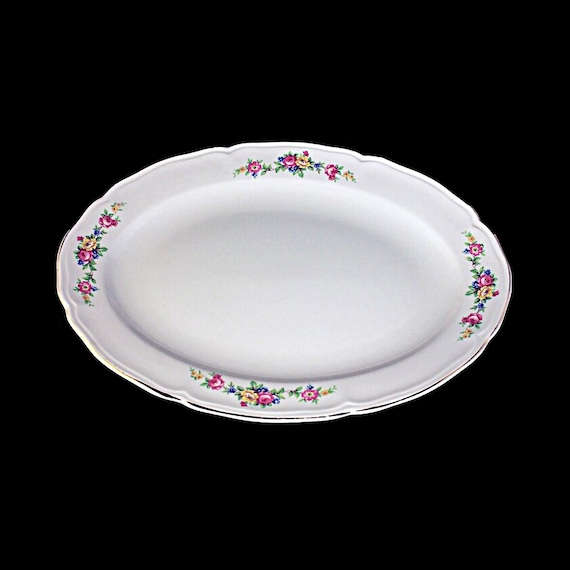 Oval Platter, Edwin Knowles, 22K Gold Trimmed, White, Floral Pattern, Fine China