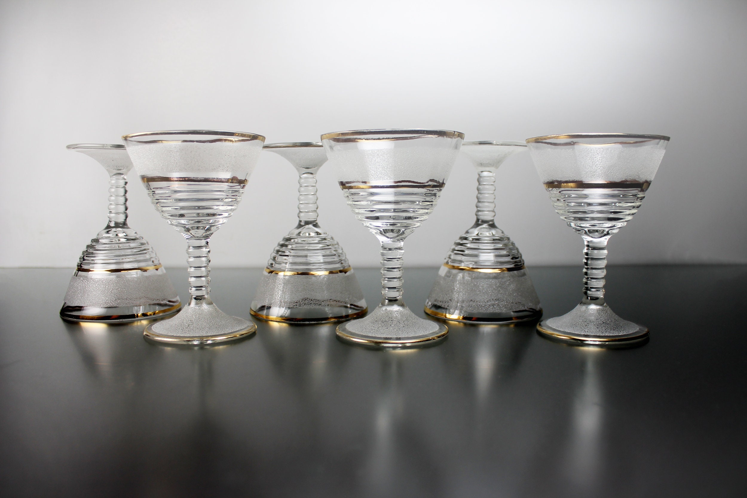 Frosted Cocktail Glasses, Federal Glass, Gold Trimmed, Wine Glasses, Set of  6, Barware