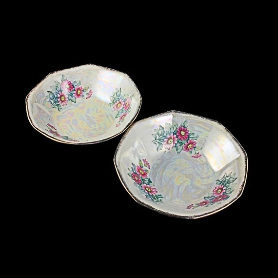 Lusterware Floral Bowls, Trimont Ware, Japan, Opalescent, Iridescent, Set of 2, Original Label, Decorative Bowls