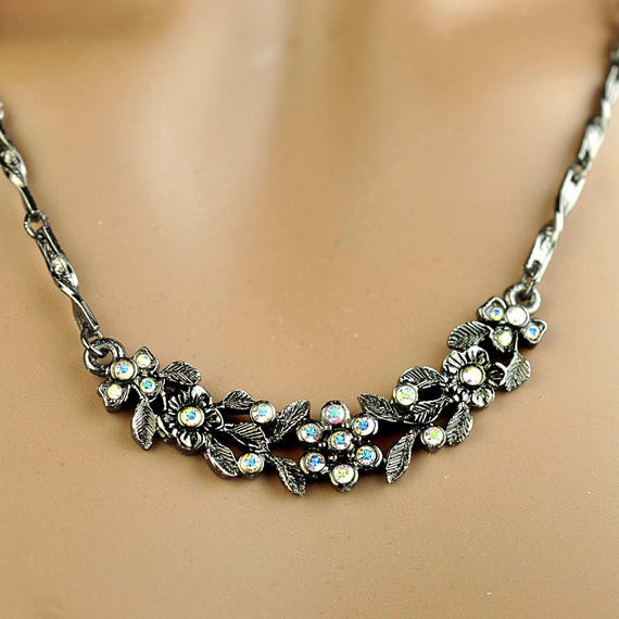 Vintage 1928 Jewelry Floral Aurora Borealis Rhinestone Necklace