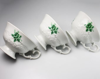 Footed Teacups, Walbrzych China, Made in Poland, Green Rose, White China, Embossed, Platinum Trim, Set of 3, No Saucers