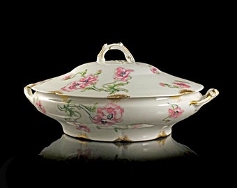 Antique Covered Vegetable Bowl, Theodore Haviland, Limoges, France, Pink Poppy Pattern, Schleiger 841-1, Gold Trimmed, Hard To Find China