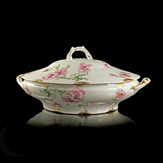 Antique Covered Vegetable Bowl, Theodore Haviland, Limoges, France, Pink Poppy Pattern, Schleiger 841-1, Gold Trimmed, Hard To Find China