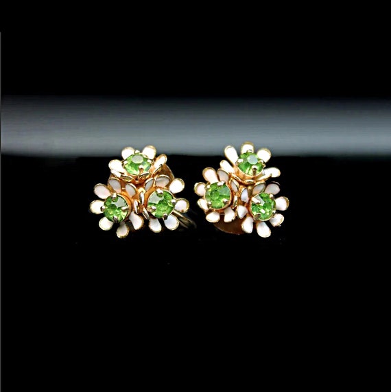 Barclay Screw Back Earrings, Floral Cluster, Green Rhinestone, Gold Tone, Signed, Costume Jewelry, Collectible