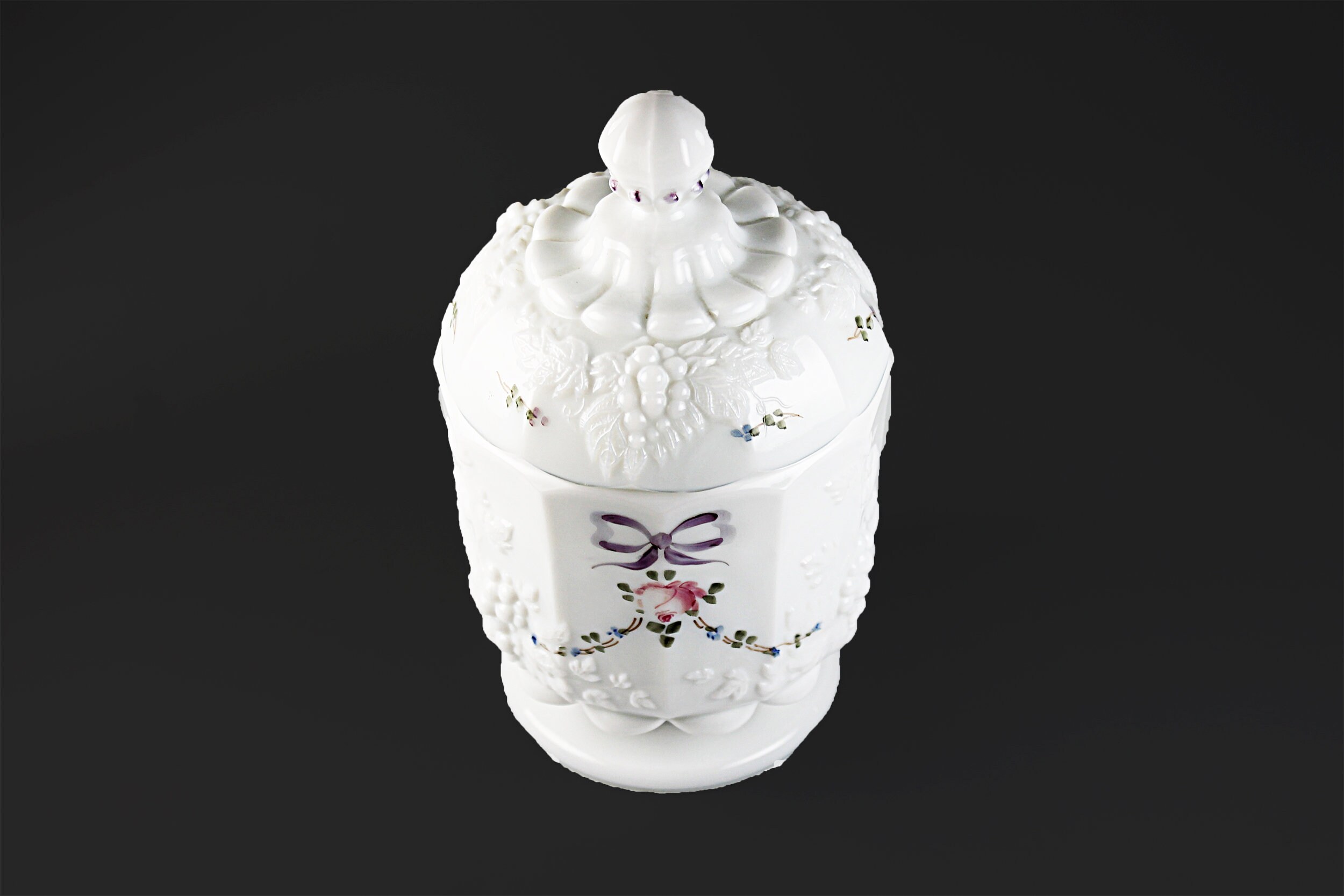 Westmoreland Candy Dish, Roses and Bows, Milk Glass, Embossed Grapevine, 7 Inch, Wedding Gift