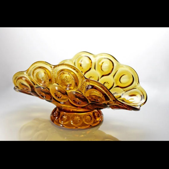 Amber Banana Boat, L. E Smith, Moon and Stars, Fruit Bowl, Centerpiece, Pedestal Bowl, 12 Inch