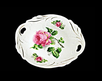 Cake Plate, Bavaria, Lehmann,  Hand Painted, Floral Pattern, Embossed, Double Handled, Porcelain, Pink Rose, Gold Trimmed, Display Plate